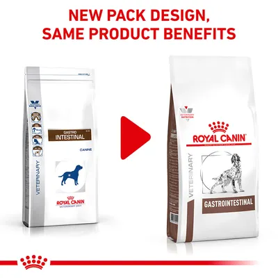 Image shows a change in packaging design for Royal Canin Gastrointestinal product, with text stating 'New pack design, same product benefits'.