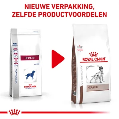Nieuwe verpakking, zelfde productvoordelen. Royal Canin Veterinary Hepatic hondenvoer: oude en nieuwe verpakking naast elkaar getoond.