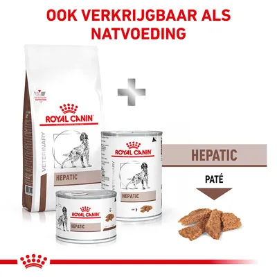 Royal Canin Veterinary Hepatic droog- en natvoer, verpakkingen met hondafbeelding. Tekst: 'Ook verkrijgbaar als natvoeding', 'Hepatic', 'Paté'.