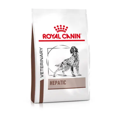 Sac de croquettes Royal Canin Veterinary pour chien, texte visible : HEPATIC. Illustration d’un chien sur l’emballage.