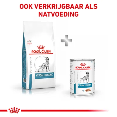 Royal Canin Hypoallergenic droogvoer en natvoer voor honden, beide verpakkingen zichtbaar. Tekst: Ook verkrijgbaar als natvoeding.