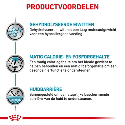 Productvoordelen: gehydrolyseerde eiwitten, matig calorie- en fosforgehalte, huidbarrière. Uitleg over hypoallergene voeding, ondersteuning nierfunctie en huidbescherming.