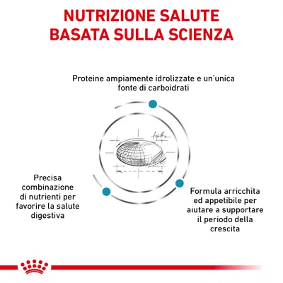 NUTRIZIONE SALUTE BASATA SULLA SCIENZA. Proteine ampiamente idrolizzate e un’unica fonte di carboidrati. Precisa combinazione di nutrienti per la salute digestiva. Formula arricchita ed appetibile.