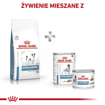 Royal Canin Hypoallergenic Veterinary karma sucha Small Dogs oraz mokra w puszkach. Napis: Żywienie mieszane z. Widoczne opakowania produktów.