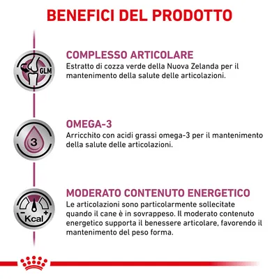Benefici del prodotto: complesso articolare con estratto di cozza verde, omega-3 per le articolazioni, moderato contenuto energetico per il mantenimento del peso forma.