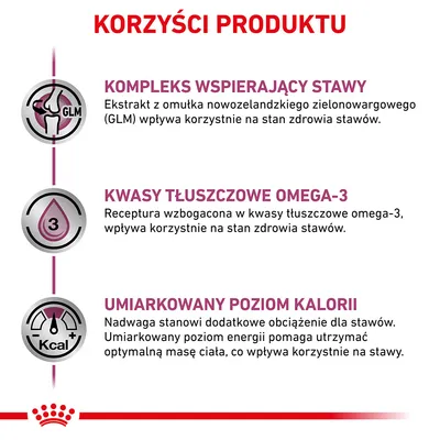 Korzyści produktu: kompleks wspierający stawy z ekstraktem GLM, kwasy tłuszczowe omega-3 dla zdrowia stawów, umiarkowany poziom kalorii pomaga utrzymać optymalną masę ciała.