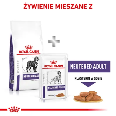 Royal Canin Expert Neutered Adult karma sucha i mokra dla psów, plasterki w sosie. Widoczne opakowania oraz kawałki karmy. Napis: Żywienie mieszane z.