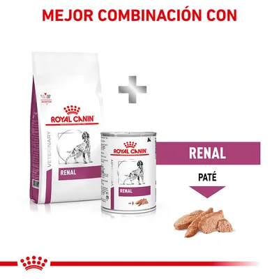 Royal Canin Renal: saco de pienso y lata de paté para perros, texto visible 'Mejor combinación con', 'Renal', 'Paté', imágenes del producto y comida húmeda en trozos.