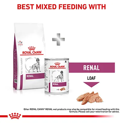 Image shows Royal Canin Renal dry and wet food with text: Best mixed feeding with Renal Loaf. Suggests combining both products for feeding. Consult your veterinarian for advice.
