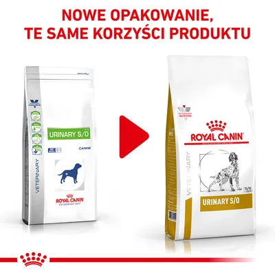 Nowe opakowanie karmy Royal Canin Urinary S/O dla psów. Po lewej stare, po prawej nowe opakowanie. Napis: Nowe opakowanie, te same korzyści produktu.