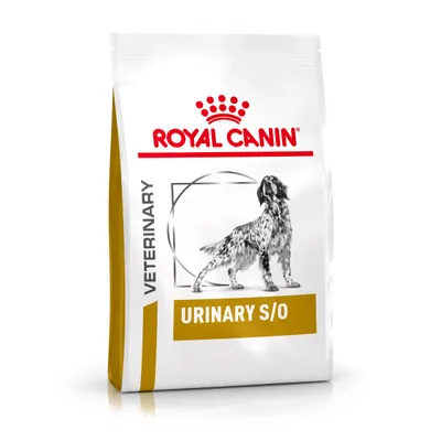 Sac de croquettes Royal Canin Veterinary URINARY S/O pour chien, texte visible : VETERINARY, URINARY S/O, illustration d’un chien sur l’emballage.