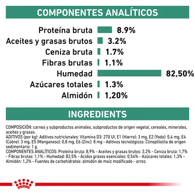 Componentes analíticos: proteína bruta 8,9 %, aceites y grasas brutos 3,2 %, ceniza bruta 1,7 %, fibras brutas 1,1 %, humedad 82,5 %, azúcares totales 1,3 %, almidón 1,2 %. Ingredientes detallados.