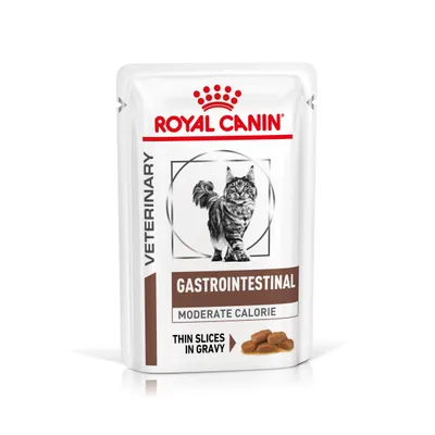 Royal Canin Veterinary Gastrointestinal Moderate Calorie, fatias finas em molho. Embalagem com imagem de gato e texto em inglês: Thin slices in gravy.