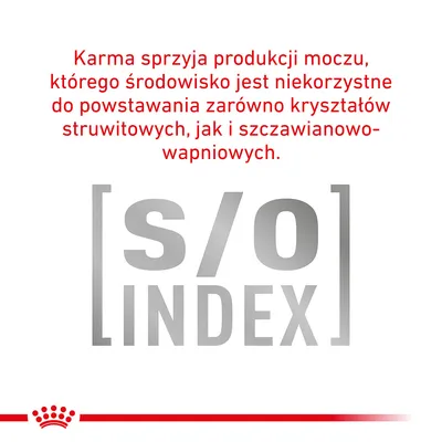 Karma sprzyja produkcji moczu, którego środowisko jest niekorzystne do powstawania kryształów struwitowych i szczawianowo-wapniowych. s/o INDEX.