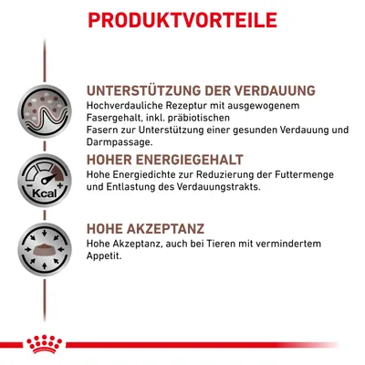 Текст на немецком: Produktvorteile. Unterstützung der Verdauung, Hoher Energiegehalt, Hohe Akzeptanz. Описание преимуществ корма для животных.