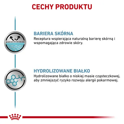 Cechy produktu: Bariera skórna – receptura wspierająca naturalną barierę skórną i zdrowie skóry. Hydrolizowane białko o niskiej masie cząsteczkowej, aby zmniejszyć ryzyko alergii pokarmowej.