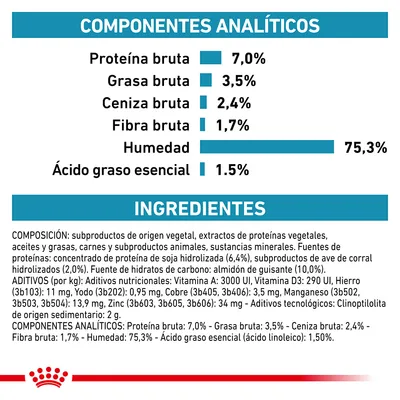 Componentes analíticos: proteína bruta 7,0 %, grasa bruta 3,5 %, ceniza bruta 2,4 %, fibra bruta 1,7 %, humedad 75,3 %, ácido graso esencial 1,5 %. Ingredientes y aditivos detallados.