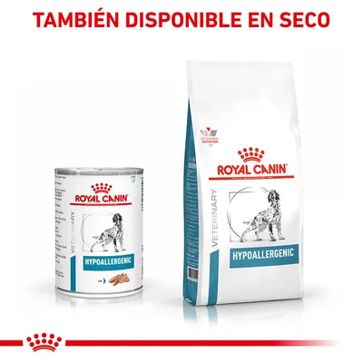 Royal Canin Hypoallergenic VETERINARY, lata y saco con perro dibujado. Texto: 'TAMBIÉN DISPONIBLE EN SECO'.