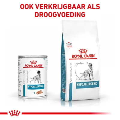 Royal Canin Veterinary Hypoallergenic nat- en droogvoer voor honden, tekst: ook verkrijgbaar als droogvoeding. Verpakking toont hond en productnaam.