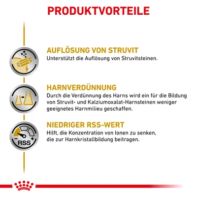 Produktvorteile: Auflösung von Struvit, unterstützt die Auflösung von Struvitsteinen. Harnverdünnung, schafft weniger geeignetes Harnmilieu. Niedriger RSS-Wert, senkt Ionenkonzentration.