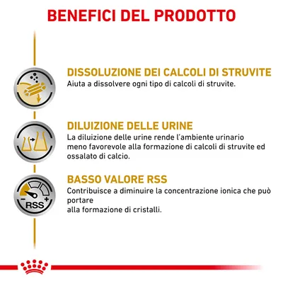 Benefici del prodotto: dissoluzione dei calcoli di struvite, diluizione delle urine, basso valore RSS. Testo esplicativo per ciascun beneficio visibile nell'immagine.