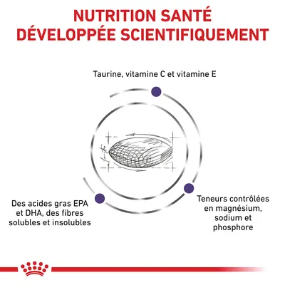 NUTRITION SANTÉ DÉVELOPPÉE SCIENTIFIQUEMENT. Taurine, vitamine C et E. Acides gras EPA et DHA, fibres solubles et insolubles. Teneurs contrôlées en magnésium, sodium et phosphore.
