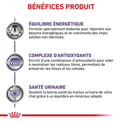 Bénéfices produit : équilibre énergétique pour chats adultes non stérilisés, complexe d’antioxydants, soutien de la santé urinaire grâce à un équilibre en minéraux adapté.