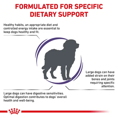 FORMULATED FOR SPECIFIC DIETARY SUPPORT. Healthy habits, an appropriate diet and controlled energy intake are essential to keep dogs healthy and fit. Large dogs can have digestive sensitivities. Large dogs can have added strain on their bones and joints requiring specific attention.