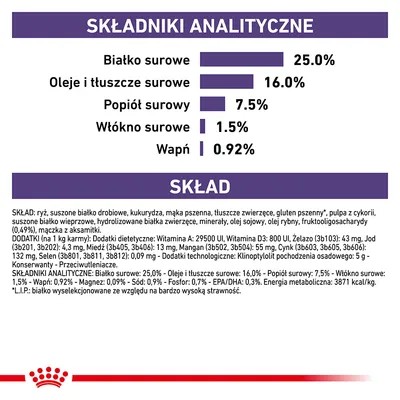 Analiza składu: białko surowe 25 %, oleje i tłuszcze surowe 16 %, popiół surowy 7,5 %, włókno surowe 1,5 %, wapń 0,92 %. Skład: ryż, suszone białko drobiowe, kukurydza, mąka pszenna, tłuszcze zwierzęce.