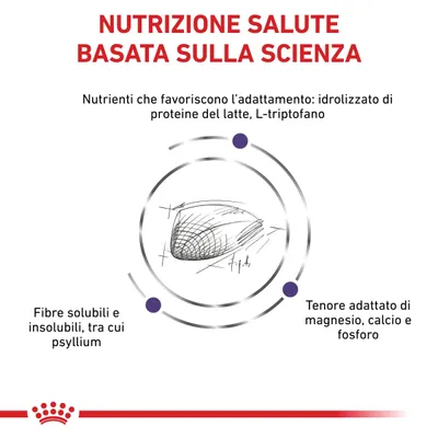 Nutrizione salute basata sulla scienza. Idrolizzato di proteine del latte, L-triptofano, fibre solubili e insolubili tra cui psyllium, tenore adattato di magnesio, calcio e fosforo.