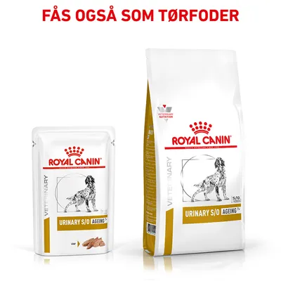 Royal Canin Urinary S/O Ageing 7+ vådfoder og tørfoder til hund, tekst øverst: Fås også som tørfoder. Begge pakker viser en sort-hvid hundetegning og produktnavn.