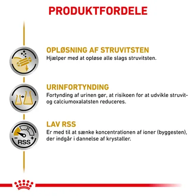 PRODUKTFORDELE: OPLØSNING AF STRUVITSTEN Hjælper med at opløse alle slags struvitsten. URINFORTYNDING Fortynding af urinen gør, at risikoen for at udvikle struvit- og calciumoxalatsten reduceres. LAV RSS Er med til at sænke koncentrationen af ioner (byggesten), der indgår i dannelse af krystaller.