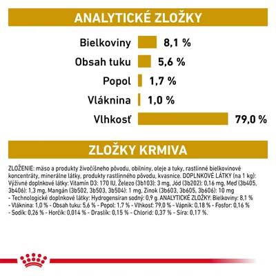 Analytické zložky: bielkoviny 8,1 %, tuk 5,6 %, popol 1,7 %, vláknina 1,0 %, vlhkosť 79,0 %. Zloženie: mäso, obilniny, oleje, rastlinné bielkoviny, minerály, kvasnice, vitamíny.