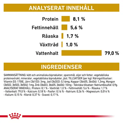Analyserat innehåll: protein 8,1 %, fettinnehåll 5,6 %, råaska 1,7 %, växttråd 1,0 %, vattenhalt 79,0 %. Ingredienser: kött och animaliska biprodukter, spannmål, oljor och fetter m.m.