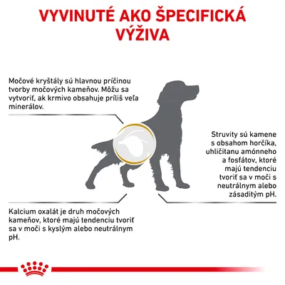 Vyvinuté ako špecifická výživa. Informácie o močových kryštáloch, struvitoch a kalcium oxaláte u psov, príčiny tvorby močových kameňov podľa obsahu minerálov a pH moču.
