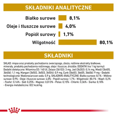 Składniki analityczne: białko surowe 8,1 %, oleje i tłuszcze surowe 4,0 %, popiół surowy 1,7 %, wilgotność 80,1 %. Skład: mięso, zboża, ekstrakty roślinne, minerały, dodatki witaminowe.