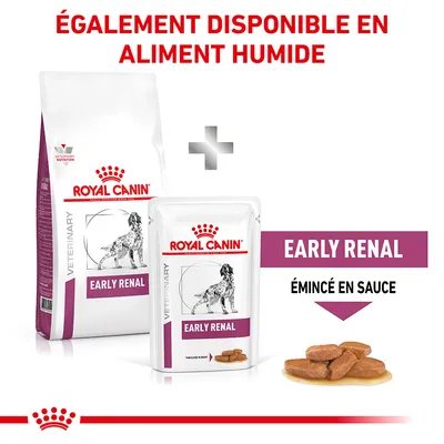 Royal Canin Early Renal pour chien, croquettes et aliment humide émincé en sauce. Texte visible : ÉGALEMENT DISPONIBLE EN ALIMENT HUMIDE, EARLY RENAL, ÉMINCÉ EN SAUCE.