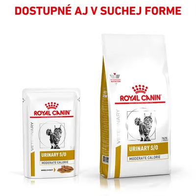 ROYAL CANIN URINARY S/O MODERATE CALORIE pre mačky, dostupné aj v suchej forme. Na obrázku mokré a suché balenie s vyobrazením mačky.