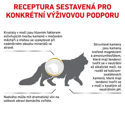 Text v češtine: RECEPTURA SESTAVENÁ PRO KONKRÉTNÍ VÝŽIVOVOU PODPORU. Informácie o kryštáloch v moči, struvitových kameňoch a vplyve nadváhy na zdravie domáceho zvieraťa.