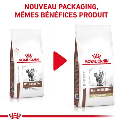 ROYAL CANIN GASTROINTESTINAL FIBRE RESPONSE pour chat, ancien et nouveau packaging montrés côte à côte avec texte : Nouveau packaging, mêmes bénéfices produit.