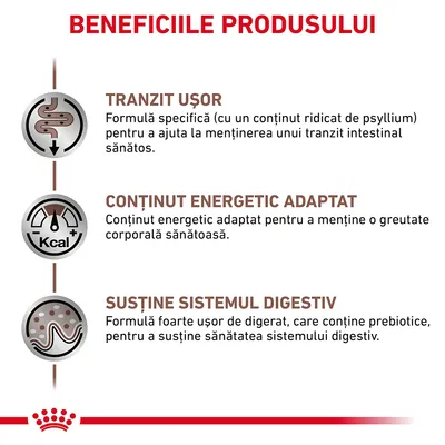 Beneficiile produsului: tranzit ușor, conținut energetic adaptat, susține sistemul digestiv. Text explicativ pentru fiecare beneficiu este inclus în imagine.