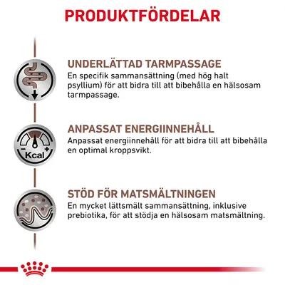 PRODUKTFÖRDELAR: Underlättad tarmpassage, anpassat energiinnehåll, stöd för matsmältningen. Beskrivningar om sammansättning, psyllium, prebiotika och optimal kroppsvikt.
