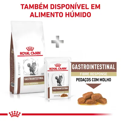 Royal Canin Gastrointestinal Fibre Response para gatos, disponível em seco e húmido. Texto: 'Também disponível em alimento húmido', 'Pedaços com molho'.