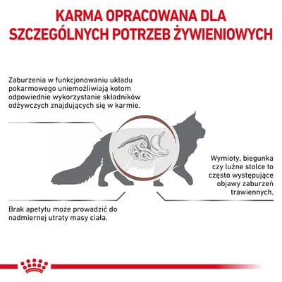 Karma opracowana dla szczególnych potrzeb żywieniowych kotów. Informacje o zaburzeniach trawienia: wymioty, biegunka, brak apetytu, utrata masy ciała, trudności z przyswajaniem składników.