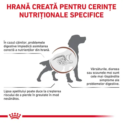Hrană creată pentru cerințe nutriționale specifice. Probleme digestive la câini: împiedică asimilarea nutrienților, pot cauza vărsături, diaree, scaune moi și pierdere nesănătoasă în greutate.