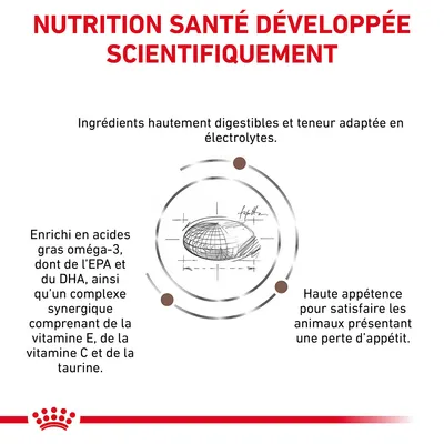NUTRITION SANTÉ DÉVELOPPÉE SCIENTIFIQUEMENT. Ingrédients hautement digestibles, électrolytes adaptés, oméga-3 EPA/DHA, vitamines E et C, taurine, haute appétence pour animaux à perte d’appétit.