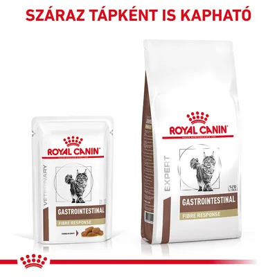 Royal Canin Gastrointestinal Fibre Response macskaeledel, nedves és száraz változat csomagolása. Felirat: SZÁRAZ TÁPKÉNT IS KAPHATÓ.