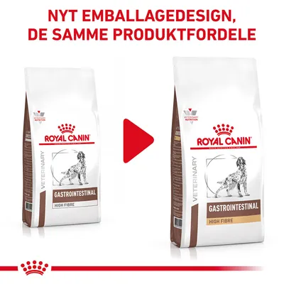 Nyt emballagedesign for Royal Canin Gastrointestinal High Fibre hundefoder vises ved siden af det gamle design. Tekst: NYT EMBALLAGEDESIGN, DE SAMME PRODUKTFORDELE.