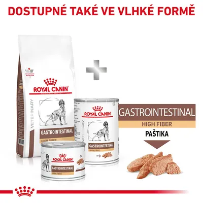 Royal Canin Gastrointestinal High Fiber suché a vlhké krmivo pro psy, konzervy s paštikou. Text: Dostupné také ve vlhké formě, GASTROINTESTINAL HIGH FIBER PAŠTIKA.