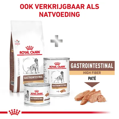 Royal Canin Gastrointestinal High Fiber hondenvoer, droog- en natvoeding. Tekst: Ook verkrijgbaar als natvoeding, Gastrointestinal High Fiber Paté.